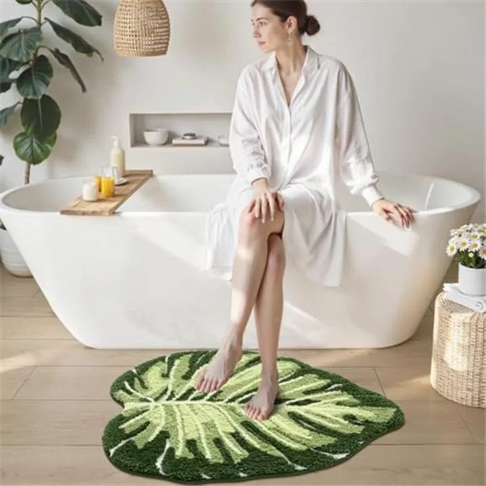 Monstera Leaf Bathroom Rug Plush Absorbent Non Slip Bath Mat 24x32 Green